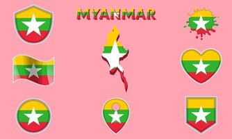 Collection of flat national flags of Myanmar with map vector