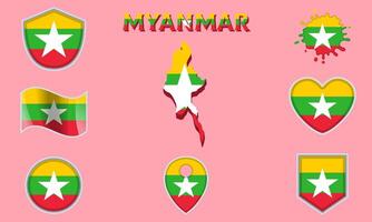 Collection of flat national flags of Myanmar with map vector