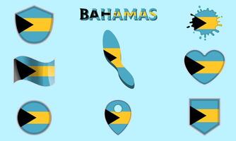 Collection of flat national flags of Bahamas with map vector