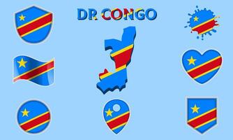 Collection of flat national flags of DR Congo with map vector