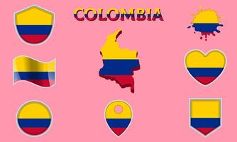 Collection of flat national flags of Colombia with map vector