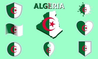 Collection of flat national flags of Algeria with map vector