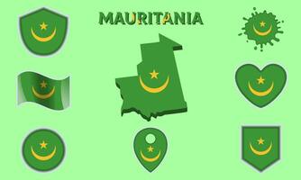 Collection of flat national flags of Mauritania with map vector