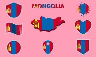 Collection of flat national flags of Mongolia with map vector