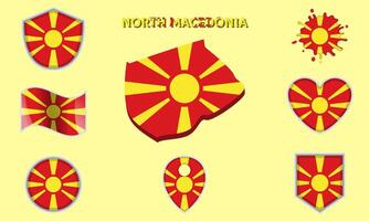 Collection of flat national flags of North Macedonia with map vector