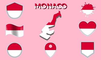 Collection of flat national flags of Monaco with map vector