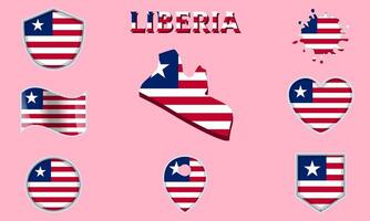 Collection of flat national flags of Liberia with map vector