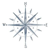 Watercolor illustration of Compass Rose in pastel blue colors. Drawing of marine navigation element for nautical and travel design. Hand drawn sign for maps on isolated background. Vintage object vector