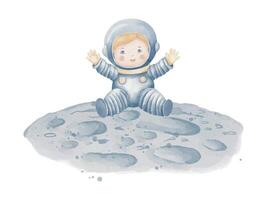 Cosmonaut watercolor illustration. Hand drawn Astronaut sitting on a Planet. Drawing of boy Spaceman for Baby shower greeting cards or birthday invitation pastel blue and beige colors vector