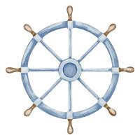 Steering wheel watercolor illustration. Drawing of Helm from pirate ship in pastel blue and beige colors on isolated background. Sketch of wooden element for sailing in nautical design. For icon vector