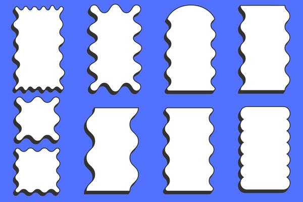 Wavy rectangle frame. Scallop edge box. Outline squiggle border. Groovy zigzag abstract shapes. Cute square aesthetic banners.