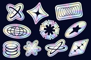 Y2K stickers with hologram gradient. Retro foil labels set with rainbow silver texture. 2000s metal realistic stamps. Iridescent elements collection. Neon trendy symbols. vector