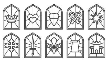 Church glass windows. Gothic arch frame with medieval symbols. Vintage architecture elements. Stained mosaic decoration set with crown, heart, shield and sword vector