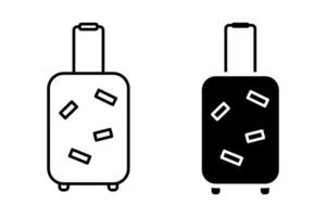 Set of suitcases with stickers icons illustrations isolated on white background. Luggage baggage outline icons and black silhouettes. Travel concept icon sheet vector