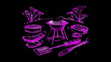 neon kader effect, Australisch barbecue grill, worstjes, gloed, zwart achtergrond. video