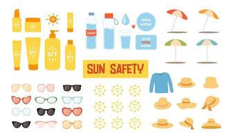 Sun safety big set design elements isolated. Flat cartoon clip arts of sunscreen, sunglasses, water, beach umbrellas and hats. vector