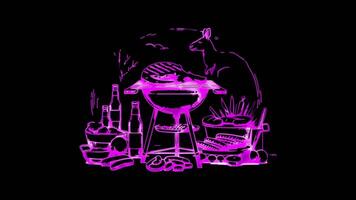 neon kader effect, Australisch barbecue grill, worstjes, gloed, zwart achtergrond. video