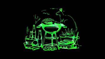 Neon frame effect, Australian barbecue grill, sausages, glow, black background. video