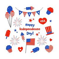 4th July independence day design elements set collection isolated. Hand drawn flat vector