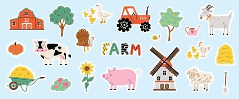 Farm animals and birds sticker set. Cute agricultural animals in flat style. Cow, goat, lamb, goose, chicken, pig, tractor, hay and mill in hand drawn style. Blue isolated background. vector