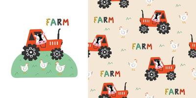 guardería linda impresión y modelo conjunto con tractor, pollo y vaca. granja sin costura modelo. Perfecto para tela, textiles y huellas dactilares. mano dibujado infantil ilustración. vector