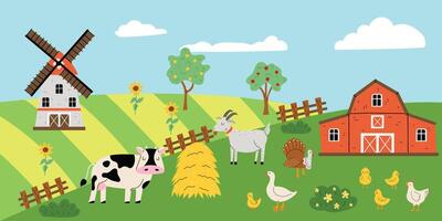 Cute background with farm animals. illustration of farmland, cow, goat, mill, sunflower,chickens. Template for banner, print, flyer. Children's illustration vector