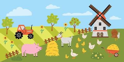 Cute background with farm animals. illustration of farmland, pig, sheep, mill, sunflower, chickens. Field with tractor. Template for banner, print, flyer. Children's illustration in cartoon style. vector