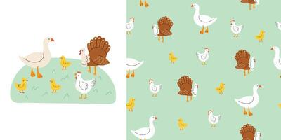 linda sin costura modelo con granja aves. infantil linda impresión y modelo conjunto con pavo, pollo y ganso. Perfecto para tela, textiles y huellas dactilares. mano dibujado guardería ilustración. vector