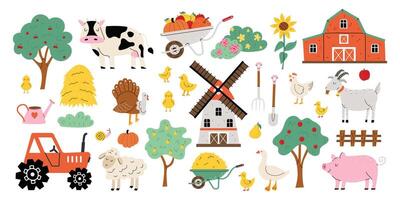 Farm animals and birds set in trendy cute style. Cow, goat, lamb, goose, chicken, pig, tractor, hay and mill in hand drawn style. Objects for poster, banner or postcard. White isolated background. vector