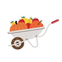 Wheelbarrow with the harvest. Gathering the harvest. Pumpkin, apple, pear. illustration in flat style. White isolated background. vector