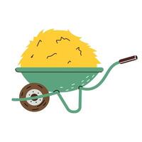 Wheelbarrow with hay. Feed for frmer animals. Hay. illustration in flat style. White isolated background. vector