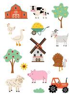 Vertical poster with farm animals. Pig, cow, mill, tractor, goose, chicken in flat style. Cute illustration. White isolated background. vector