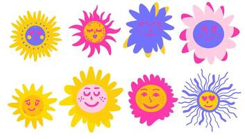 Sun collection of fantasy elements in cute fat style. Kids stickers, solar system, crazy happy emotions. vector