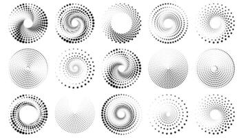 Halftone round elements, twisters, halftone circular textures with dots, circle halftone tornado vector