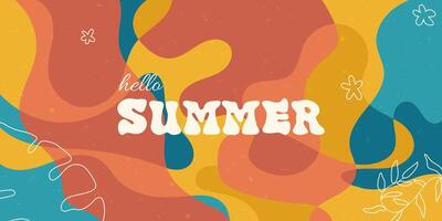 Hello summer overlay textured background with outline floral elements. Abstract bright liquid design for poster, banner, cover, sale, invitation vector