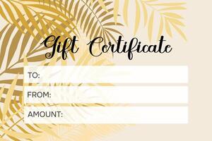 Gift certificate template in golden tropical style. Cover for advertising. vector