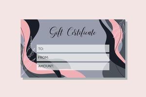 Gift certificate template in abstract style. Certificate template for salon, spa, gallery, store in black and pink colors. vector