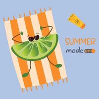 Summer. Lime character wearing sunglasses lying on beach towel. Summer mood included. llustration for web,design, print. vector