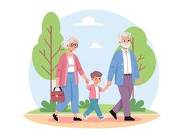 Flat illustration of Grandparents enjoying walking with their grandchild in the park. vector