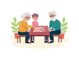 Flat illustration of Grandparents and Grandchildren playing Checkers game. vector