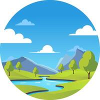 A busy, bright day with a river and mountains. vector