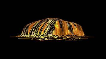 neon telaio effetto, ayers roccia uluru naturale punto di riferimento nel Australia, incandescenza, nero sfondo. video