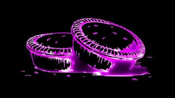 Neon frame effect,meat pies, glow, black background. video