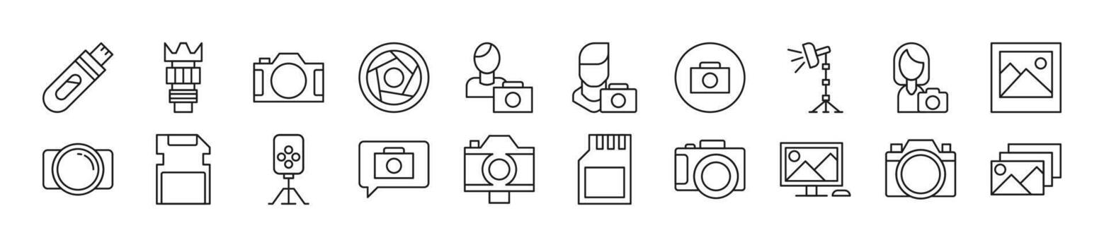 Pack of linear symbols of photographer. Editable stroke. Linear symbol for web sites, newspapers, articles book vector