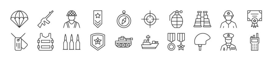 Bundle of linear symbols of army. Editable stroke. Linear symbol for web sites, newspapers, articles book vector