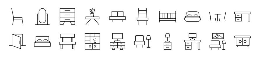 Simple outline signs of sofa, table, bed and other furniture. Editable stroke. Line icons for web sites, newspapers, articles book vector