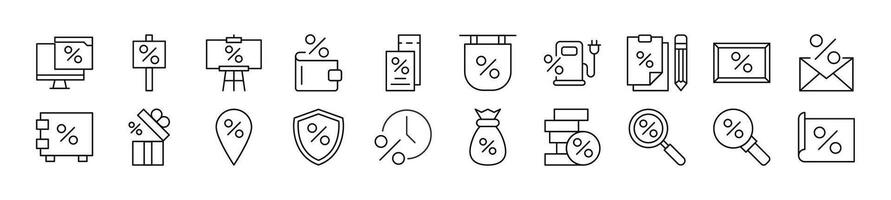 Set of line icons of percent. Editable stroke. Simple outline sign for web sites, newspapers, articles book vector