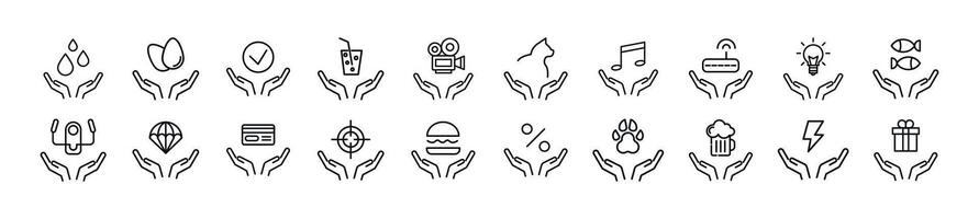 Pack of linear symbols of items over hands. Editable stroke. Linear symbol for web sites, newspapers, articles book vector