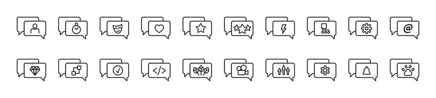 Collection of thin line icons of items in speech bubbles. Editable stroke. Simple linear illustration for web sites, newspapers, articles book vector