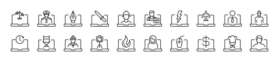 Collection of thin signs of items on laptop. Editable stroke. Simple linear illustration for stores, shops, banners, design vector